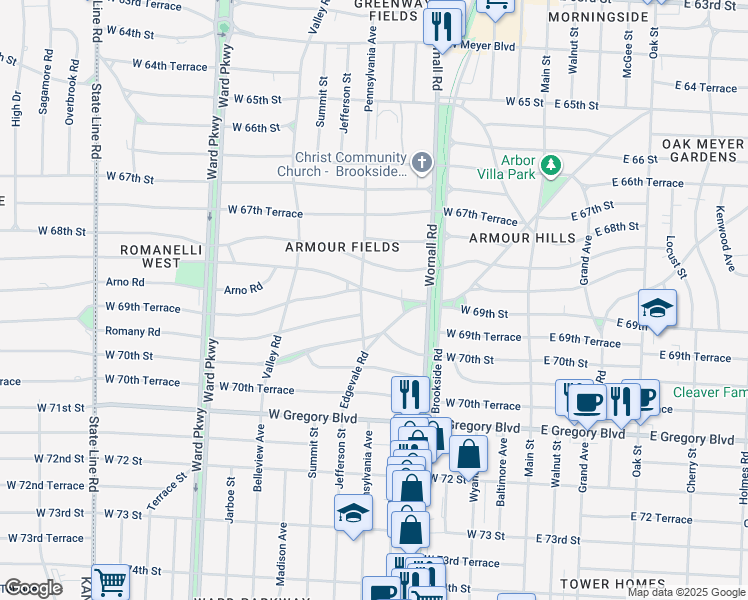 map of restaurants, bars, coffee shops, grocery stores, and more near 6927 Pennsylvania Avenue in Kansas City