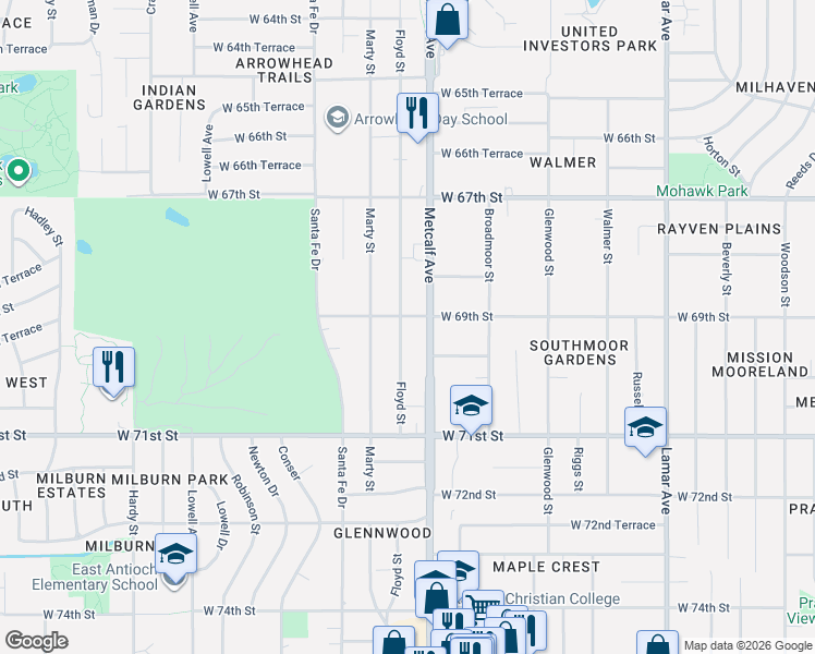 map of restaurants, bars, coffee shops, grocery stores, and more near 6924 Metcalf Avenue in Overland Park