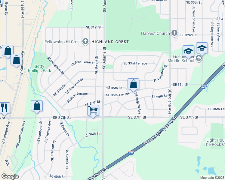 map of restaurants, bars, coffee shops, grocery stores, and more near 3501 Pennsylvania Avenue in Topeka