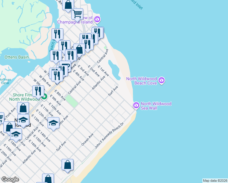 map of restaurants, bars, coffee shops, grocery stores, and more near 407 East 3rd Avenue in North Wildwood