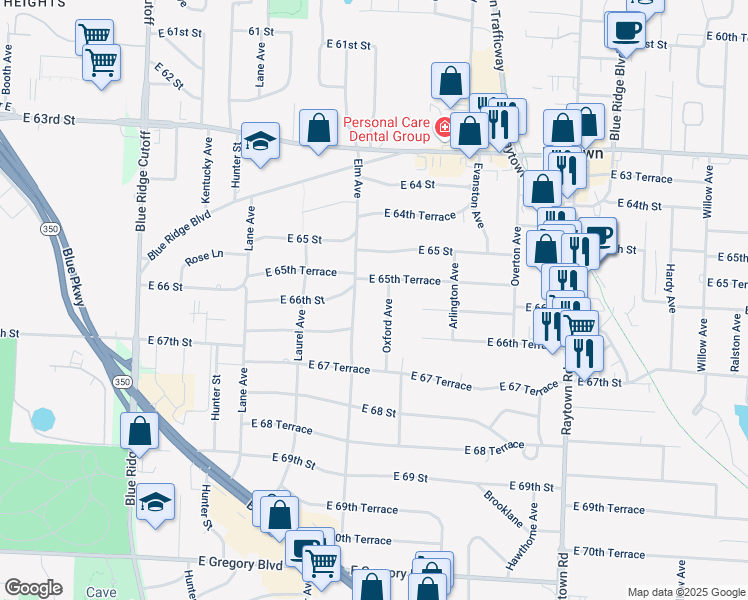 map of restaurants, bars, coffee shops, grocery stores, and more near 6509 Oxford Avenue in Raytown