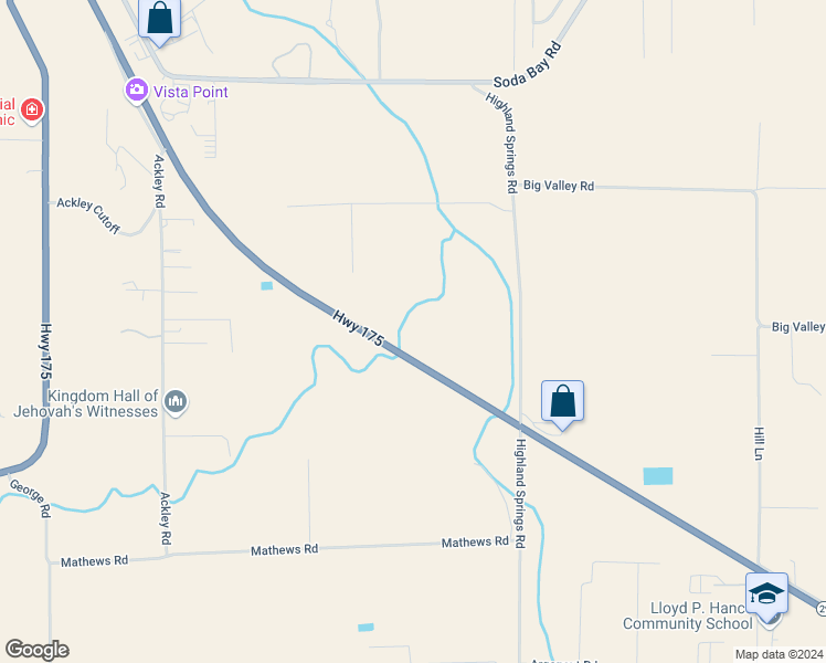 map of restaurants, bars, coffee shops, grocery stores, and more near 3485 Highland Springs Road in Lakeport