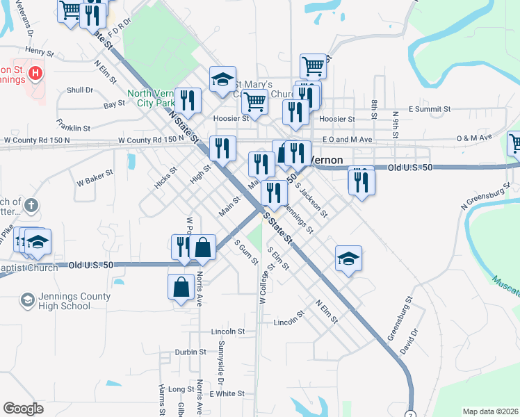 map of restaurants, bars, coffee shops, grocery stores, and more near in North Vernon
