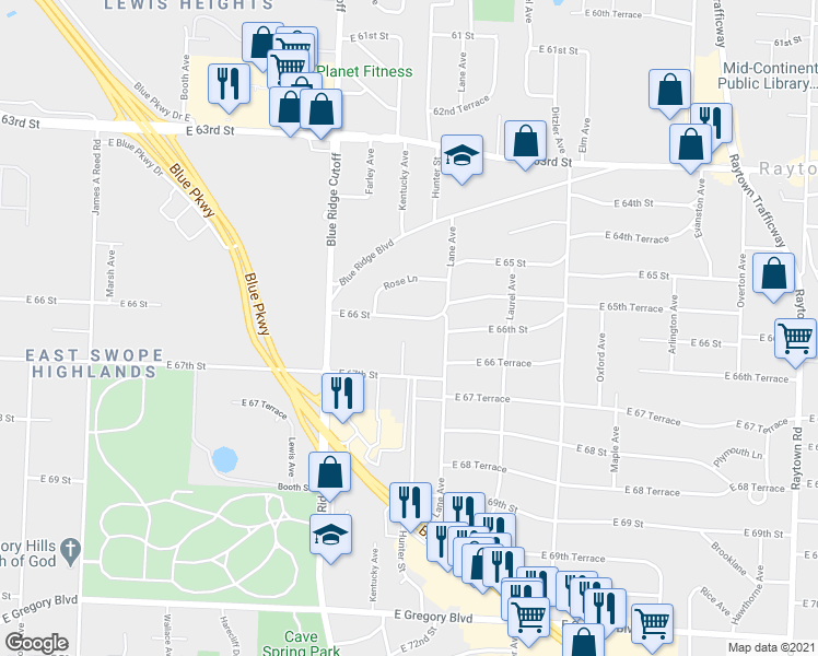 map of restaurants, bars, coffee shops, grocery stores, and more near 8909 East 66th Street in Raytown