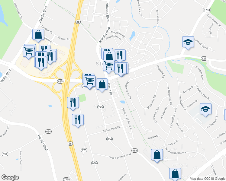 map of restaurants, bars, coffee shops, grocery stores, and more near 45425 Clarkes Crossing Square in Sterling