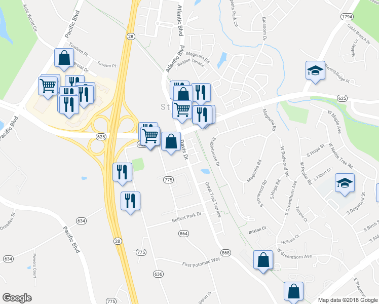 map of restaurants, bars, coffee shops, grocery stores, and more near 45425 Clarks Crossing Square in Sterling