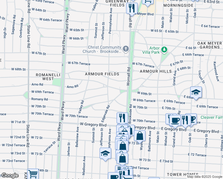 map of restaurants, bars, coffee shops, grocery stores, and more near 6927 Pennsylvania Avenue in Kansas City
