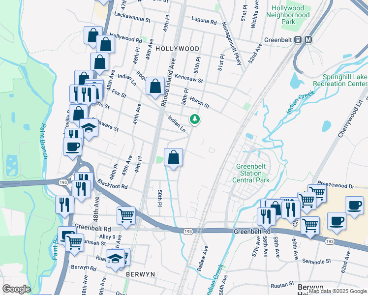 map of restaurants, bars, coffee shops, grocery stores, and more near 9212 51st Avenue in College Park