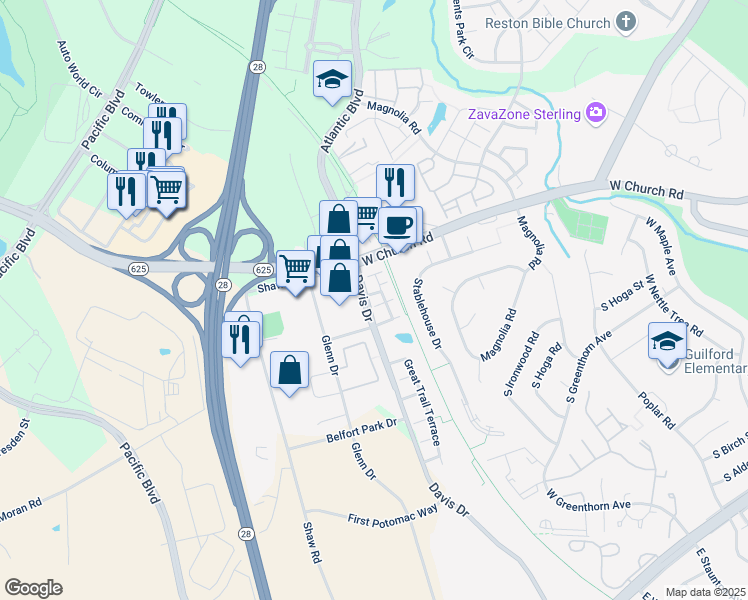 map of restaurants, bars, coffee shops, grocery stores, and more near 45425 Clarkes Crossing Square in Sterling