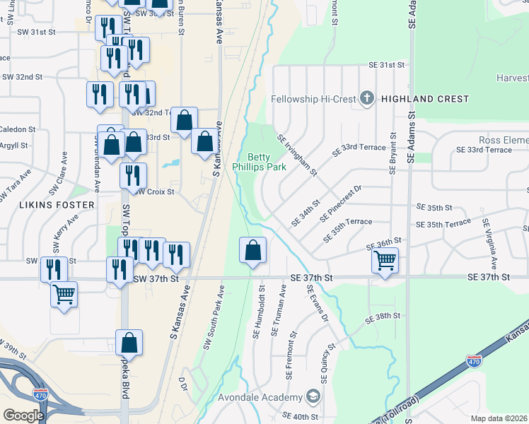 map of restaurants, bars, coffee shops, grocery stores, and more near 3356 Southeast Girard Street in Topeka