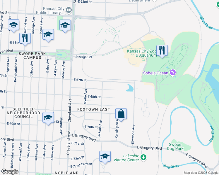 map of restaurants, bars, coffee shops, grocery stores, and more near 4203 East 67th Street in Kansas City