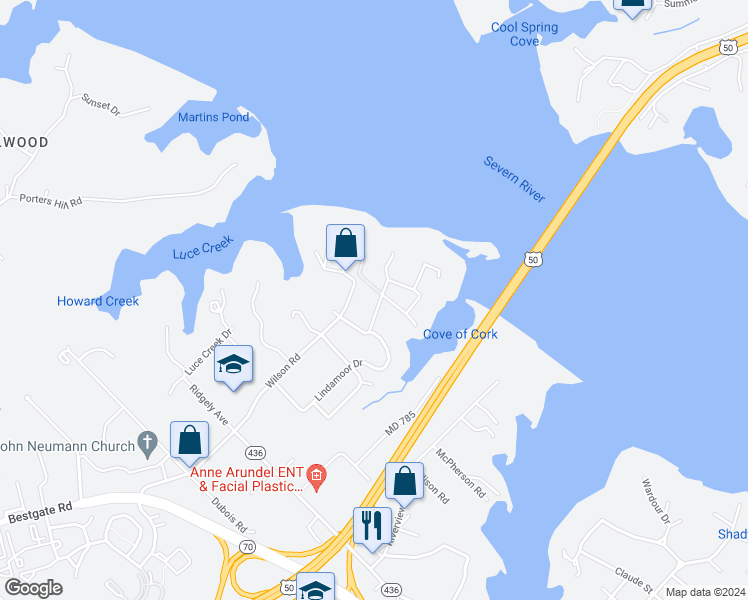 map of restaurants, bars, coffee shops, grocery stores, and more near 111 Ellershaw Court in Annapolis