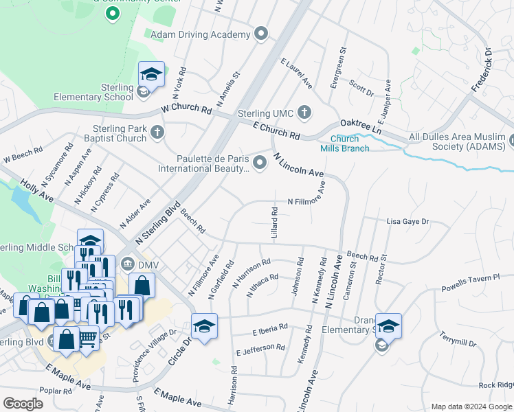 map of restaurants, bars, coffee shops, grocery stores, and more near 402 North Fillmore Avenue in Sterling