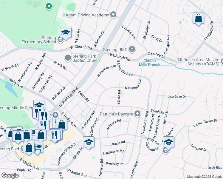 map of restaurants, bars, coffee shops, grocery stores, and more near 402 North Fillmore Avenue in Sterling