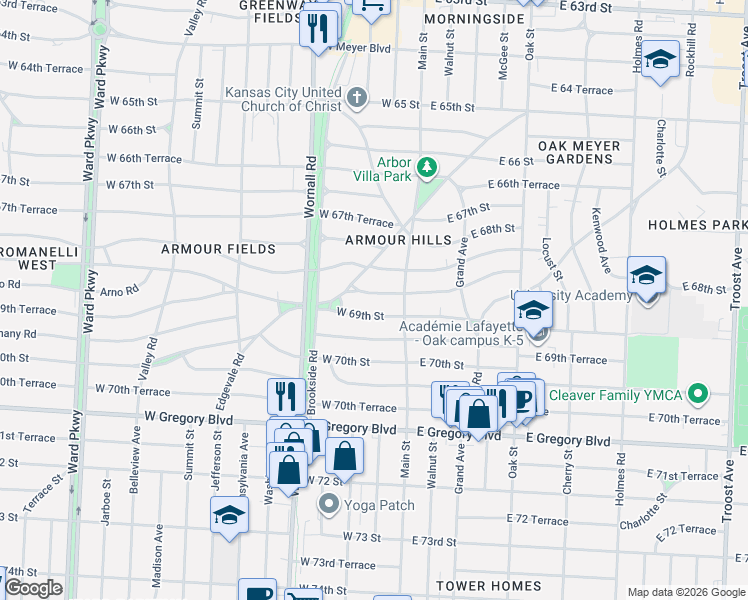 map of restaurants, bars, coffee shops, grocery stores, and more near 9 West 68th Terrace in Kansas City