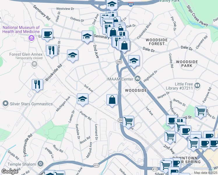 map of restaurants, bars, coffee shops, grocery stores, and more near 1907 Grace Church Road in Silver Spring