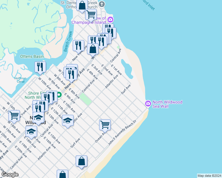 map of restaurants, bars, coffee shops, grocery stores, and more near 309 East 3rd Avenue in North Wildwood