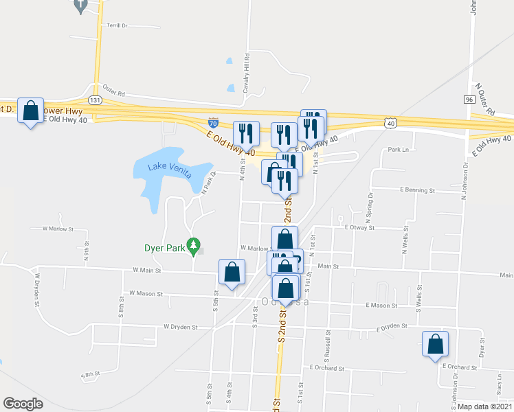 map of restaurants, bars, coffee shops, grocery stores, and more near 305 West Montgomery Street in Odessa