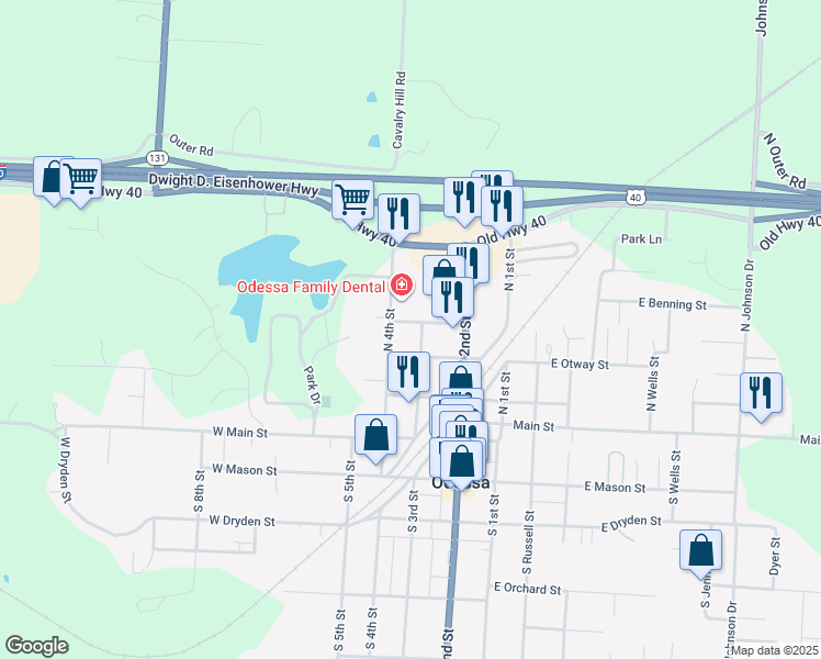 map of restaurants, bars, coffee shops, grocery stores, and more near 305 West Montgomery Street in Odessa