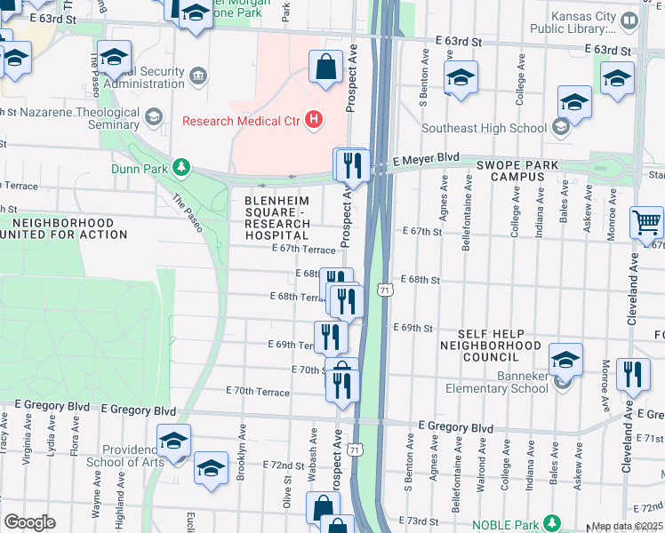 map of restaurants, bars, coffee shops, grocery stores, and more near 2440 East 67th Terrace in Kansas City