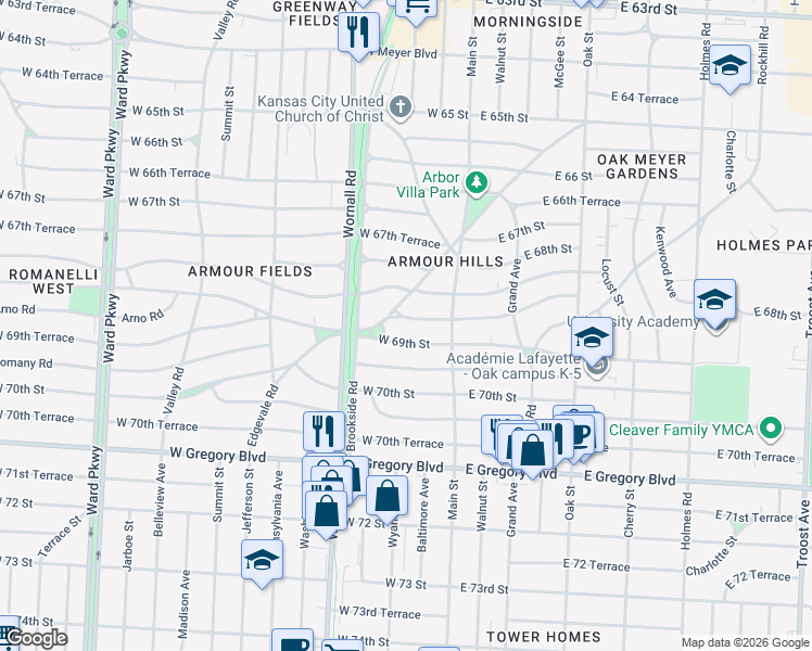 map of restaurants, bars, coffee shops, grocery stores, and more near 6830 Edgevale Road in Kansas City