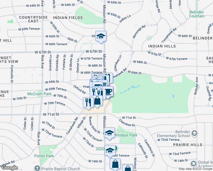 map of restaurants, bars, coffee shops, grocery stores, and more near 6900 Mission Road in Prairie Village