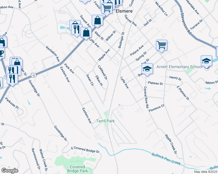map of restaurants, bars, coffee shops, grocery stores, and more near 423 Caldwell Drive in Elsmere