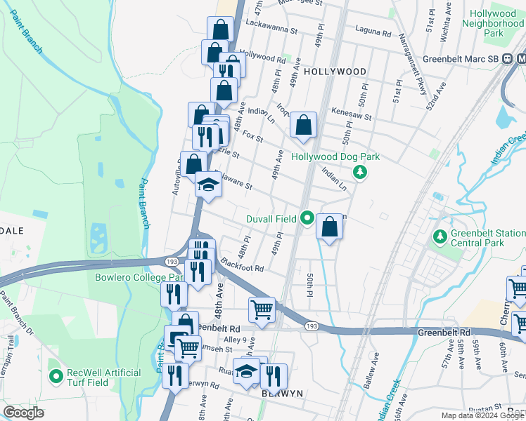 map of restaurants, bars, coffee shops, grocery stores, and more near 9109 48th Place in College Park