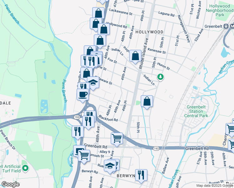 map of restaurants, bars, coffee shops, grocery stores, and more near 9109 48th Place in College Park