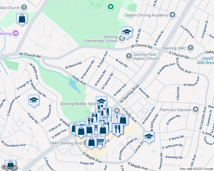 map of restaurants, bars, coffee shops, grocery stores, and more near 106 North Cypress Road in Sterling