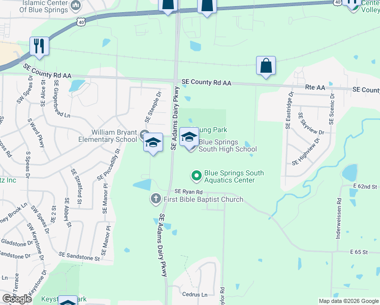 map of restaurants, bars, coffee shops, grocery stores, and more near 1200 Southeast Adams Dairy Parkway in Blue Springs