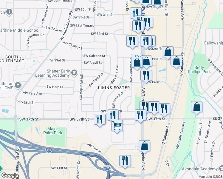 map of restaurants, bars, coffee shops, grocery stores, and more near in Topeka