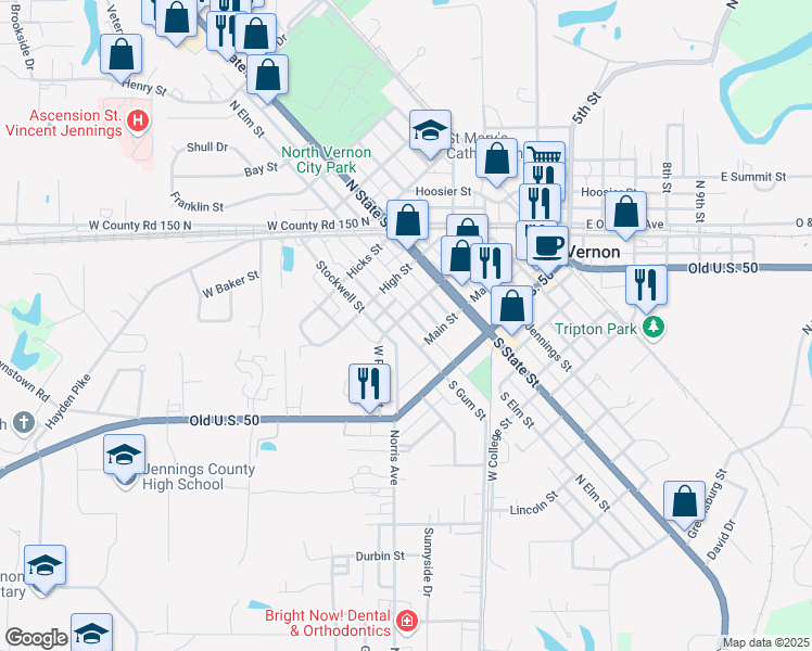 map of restaurants, bars, coffee shops, grocery stores, and more near 50 West Poplar Street in North Vernon