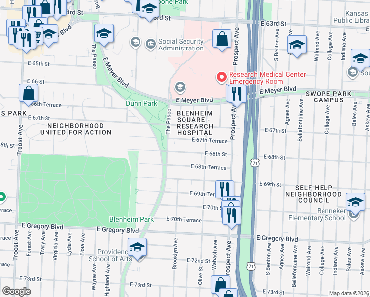 map of restaurants, bars, coffee shops, grocery stores, and more near 2220 East 67th Terrace in Kansas City