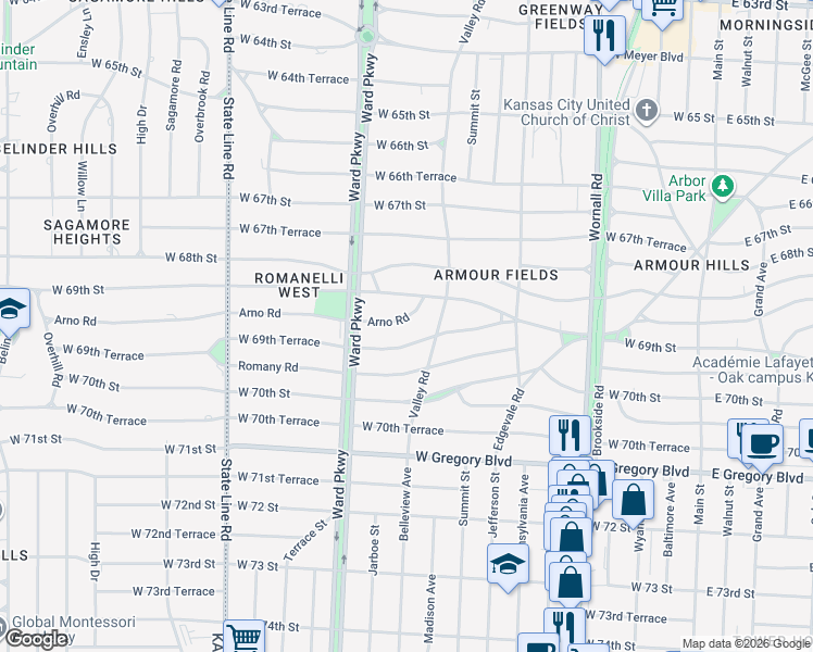 map of restaurants, bars, coffee shops, grocery stores, and more near 1001 West 69th Street in Kansas City