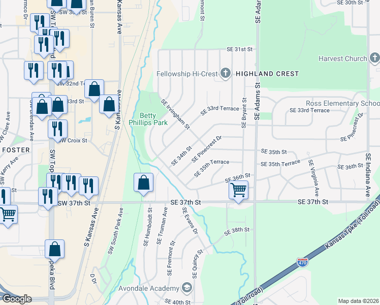 map of restaurants, bars, coffee shops, grocery stores, and more near 328 Southeast 34th Street in Topeka