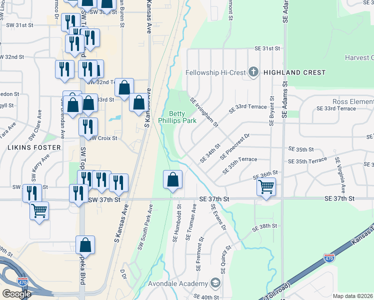 map of restaurants, bars, coffee shops, grocery stores, and more near 3356 Southeast Girard Street in Topeka