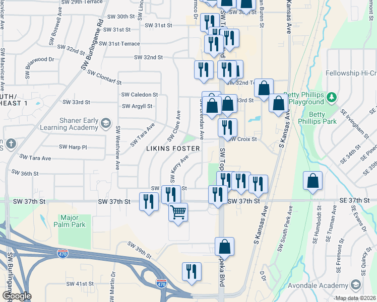 map of restaurants, bars, coffee shops, grocery stores, and more near 3440-3502 Southwest Kirklawn Avenue in Topeka