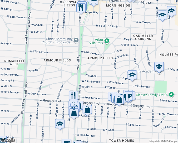 map of restaurants, bars, coffee shops, grocery stores, and more near 47 West Winthrope Road in Kansas City