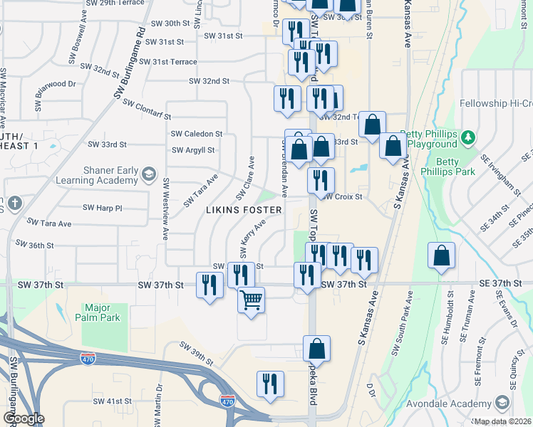 map of restaurants, bars, coffee shops, grocery stores, and more near 3440-3502 Southwest Kirklawn Avenue in Topeka