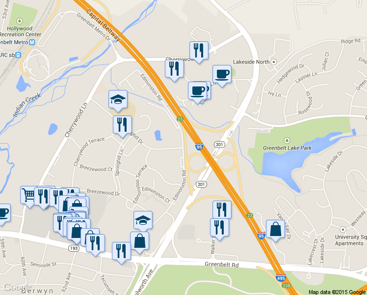 map of restaurants, bars, coffee shops, grocery stores, and more near Edmonston Road in Greenbelt