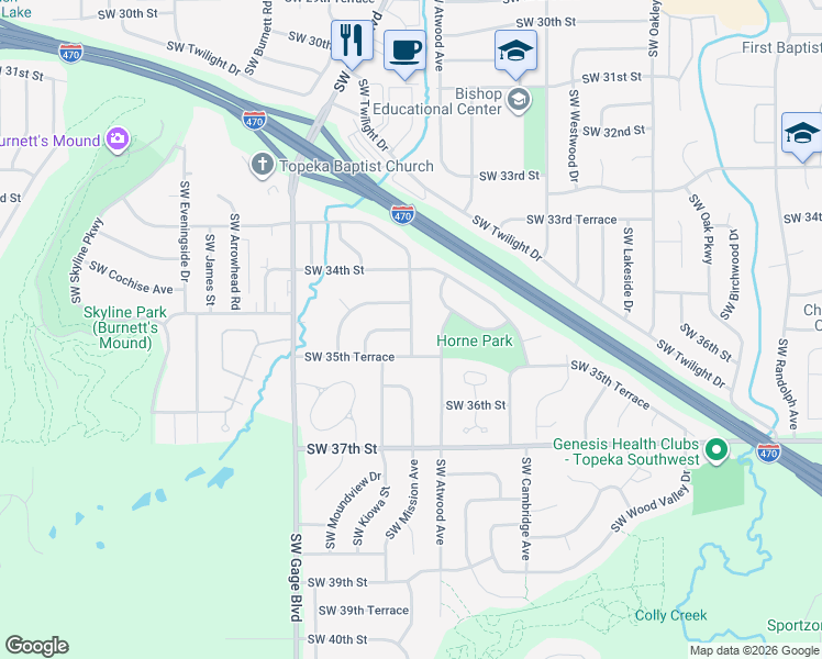 map of restaurants, bars, coffee shops, grocery stores, and more near 3499 Southwest Mission Avenue in Topeka