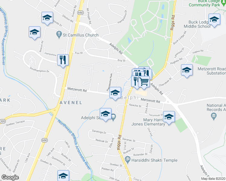 map of restaurants, bars, coffee shops, grocery stores, and more near 8202 Greenspire Terrace in Hyattsville
