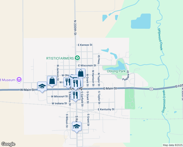 map of restaurants, bars, coffee shops, grocery stores, and more near 300-398 North Harrison Street in Oblong