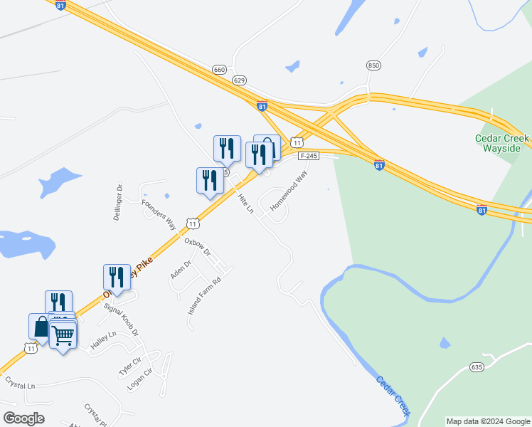 map of restaurants, bars, coffee shops, grocery stores, and more near Signal Knob Cottage Drive in Strasburg
