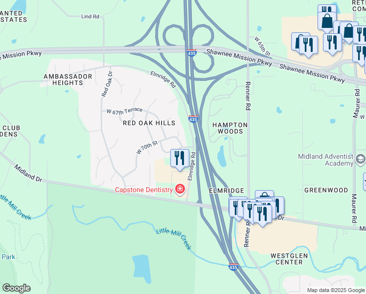 map of restaurants, bars, coffee shops, grocery stores, and more near 17218 70th Street in Shawnee