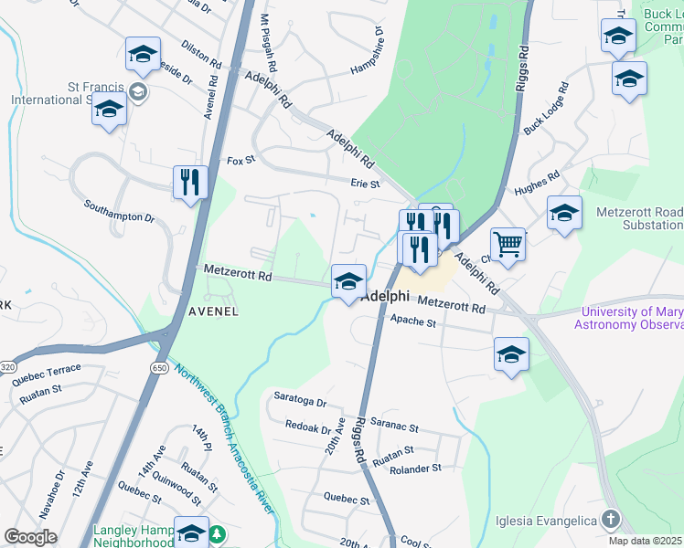 map of restaurants, bars, coffee shops, grocery stores, and more near 8202 Greenspire Terrace in Hyattsville