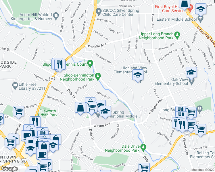 map of restaurants, bars, coffee shops, grocery stores, and more near Sligo Creek Pkwy & 3 Oaks Dr in Silver Spring