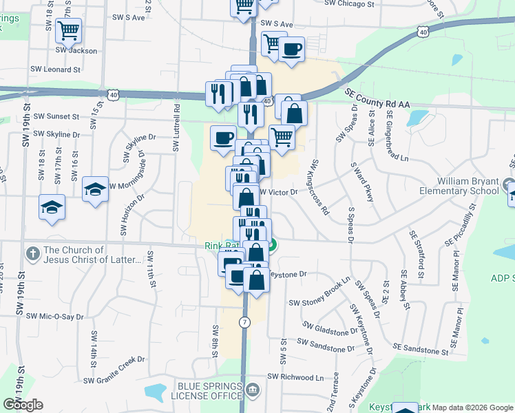 map of restaurants, bars, coffee shops, grocery stores, and more near 1200 Missouri 7 in Blue Springs