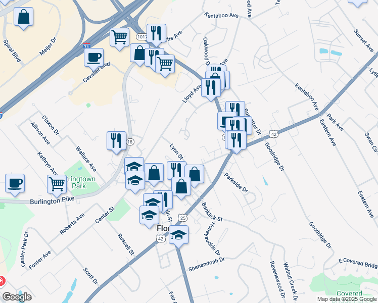 map of restaurants, bars, coffee shops, grocery stores, and more near 6814 Sebree Drive in Florence